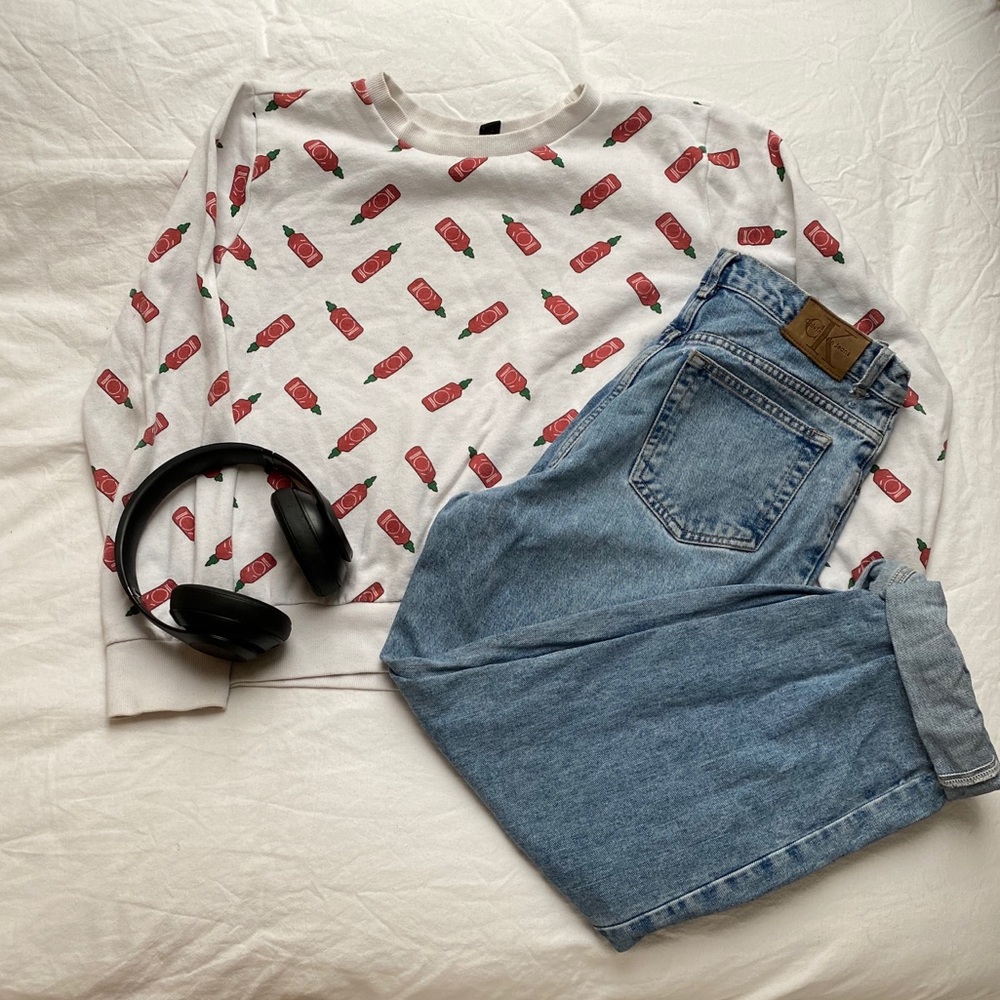 White pullover with hot sauce design